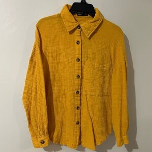 SHEIN Women’s Shirt S Mustard Yellow Gause Long Sleeve Button Up Beach‎ Sweater
